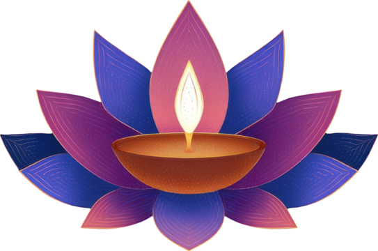 Peaceful glowing diya oil lamp inside purple lotus flower design - Powered by Adobe