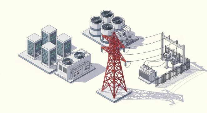 Isometric depiction of a digital data center powered by green energy sources