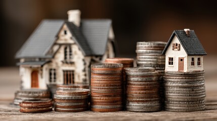 Detailed Closeup of Coins Piled High atop a Miniature House Model, Stylized and Raw for Financial Marketing Campaigns Inspiring Resilience, Innovation, and Prosperity.