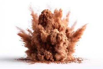 Brown powder explosion on a white background. A large cluster of brown powder erupts outward from a central point, resembling a cloud or a burst. 