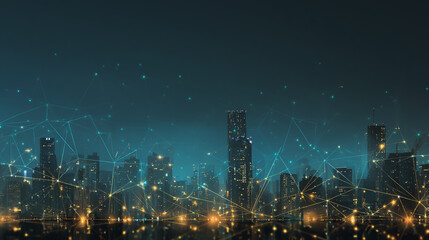 Naklejka premium Twilight a city of modern business and smart digital innovation with a network of interconnected rewards over the cityscape of the future smart wireless digital city and social media network