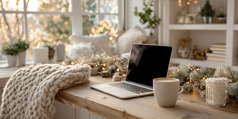 Obraz premium Wooden home workplace with laptop, cappuccino, christmas decoration, cozy blanket, knitted plaid, pillows, christmas lights enjoying winter holidays