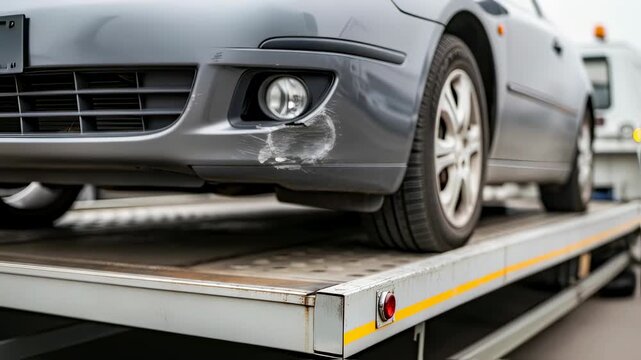 Gray car with scratched front bumper being transported on a tow truck after road accident, technical assistance footage.