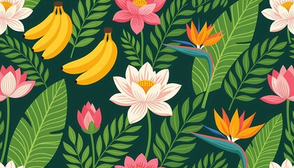 Fototapeta premium With a mix of exotic leaves and flowers, this vector design creates a natural and beautiful texture for various print projects