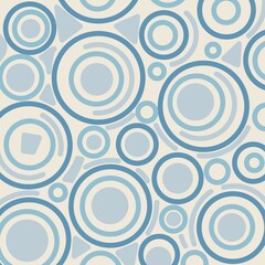 Fototapeta premium A seamless geometric pattern with a modern design of randomly sized, interlocking circles and abstract shapes in shades of blue on a beige background