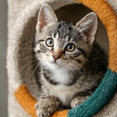 Naklejka premium Charming tabby kitten stands curiously inside a colorful, circular cat tree perch. The pet portrait is set against a soft, neutral-colored wall.