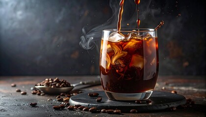 Espresso poured over ice cubes, swirling layers. AI generated.