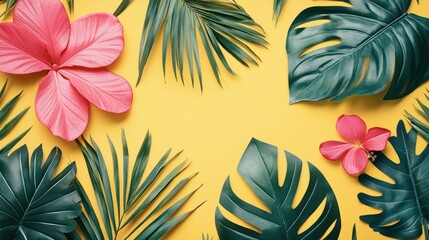 Fototapeta premium Tropical Leaves and Flowers on Yellow Background