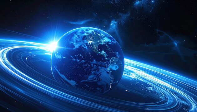 A vibrant blue planet, encircled by glowing rings, takes center stage in a captivating cosmic scene. - Powered by Adobe