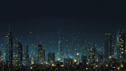  Twilight a city of modern business and smart digital innovation with a network of interconnected rewards over the cityscape of the future smart wireless digital city and social media network