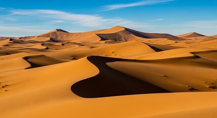 Golden sand dunes stretching across a vast desert landscape.