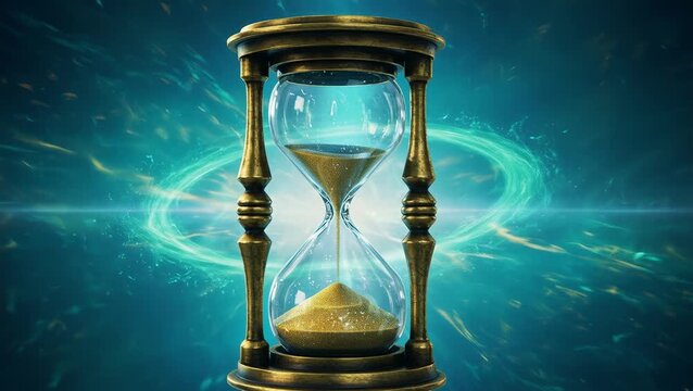 Video of Time's Passage: An elegant hourglass, a timeless symbol of time, stands against a swirling, ethereal cosmic backdrop, its sand slowly trickling down. - 4K