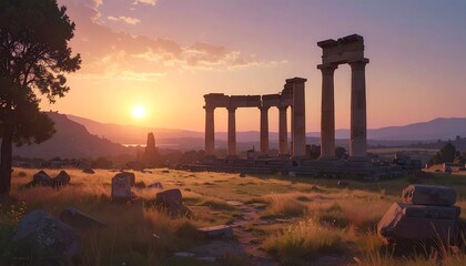 Fototapeta premium A digital painting depicting ancient columns bathed in golden light at sunset, with hills and grassy fields
