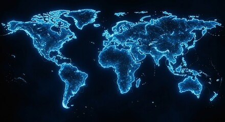 Glowing World Map Depicting Global Connectivity in Electric Blue