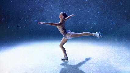 Female skater balancing in perfect arabesque on glowing ice under spotlight. Concept of elegance fitness, luxury lifestyle, artistic culture, beauty fashion, spiritual poise.