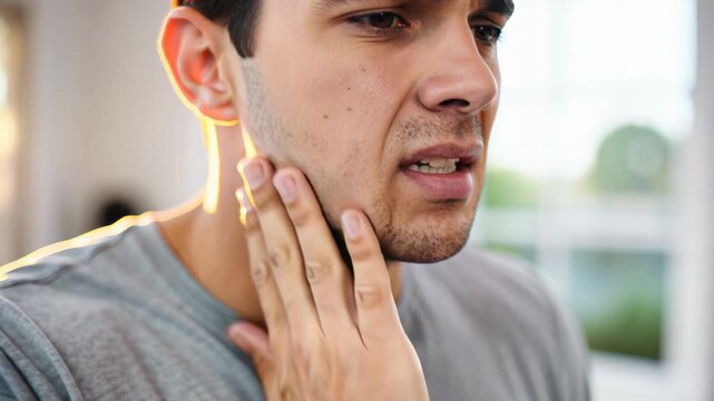 Close up of man touching his throat in pain suffering from sore throat or laryngitis, health problem with difficulty swallowing and discomfort.