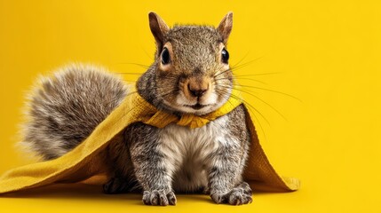 Obraz premium Playful Squirrel in Vibrant Superhero Cape Against a Sunny Yellow Background, Perfect for Branding and HighEnergy Campaigns Inspires Joy and Energy.
