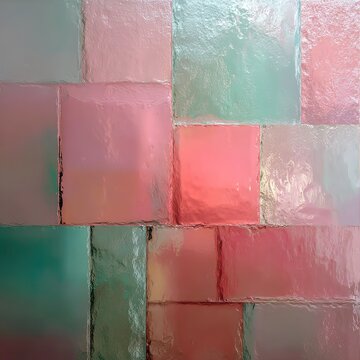abstract with layered frosted glass squares gradient from mint to coral, subtle glint of light, smooth transitions, soft background blur