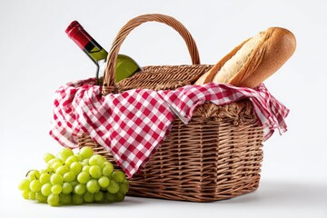 Picnic basket filled with food and drink.  A wicker picnic basket, red and white checkered cloth, a loaf of bread, a bottle of wine, and green grapes are displayed against a plain white background