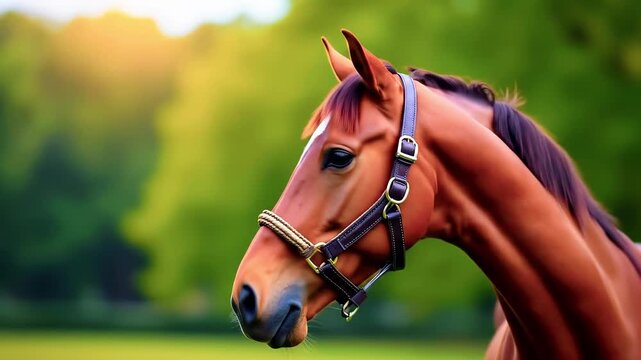 Majestic brown horse with a halter stands gracefully in a lush green field during golden hour