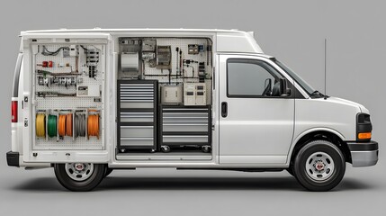 Clean profile shot of a white service van with its side door open, revealing a perfectly organized interior with tools and equipment inside.