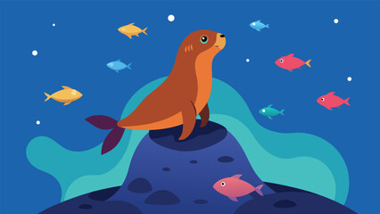 Majestic sea lion balancing on a rock surrounded by colorful fish underwater vector illustration