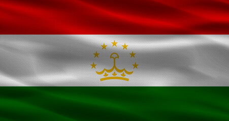 Tajikistan flag with fabric texture. Realistic flag of Tajikistan waving