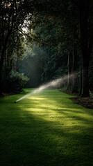 Fototapeta premium Vibrant Garden Sanctuary with Lush Green Lawn and Tranquil Natural Ambiance for Relaxation and Peaceful Reflection