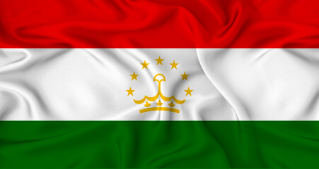Realistic Tajikistan flag waving. Close up of flag of Tajikistan with cloth texture