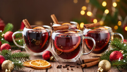 Christmas mulled wine with orange slices, cinnamon sticks and spices in transparent mugs on festive wooden table with glowing lights