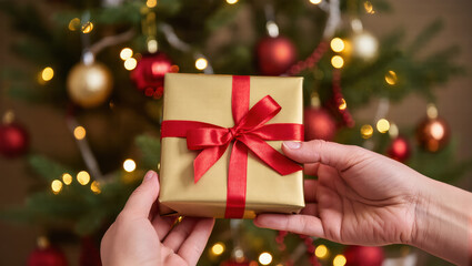 Christmas gift in gold wrapping with red ribbon being exchanged by hands in front of decorated tree with glowing lights