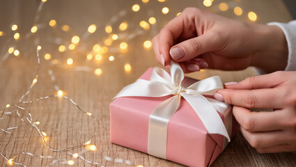 Christmas gift in pink wrapping with white satin ribbon being tied by female hands on wooden table with festive lights