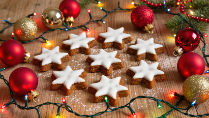 Christmas star-shaped cookies with white icing on wooden table surrounded by ornaments and colorful lights