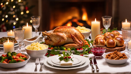 Christmas dinner table with roasted turkey, mashed potatoes, vegetables, bread rolls and festive candlelight in cozy holiday setting