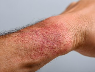 Clinical close-up photograph of a red, irritated skin rash on an arm. The image focuses on skin texture against a neutral white background.