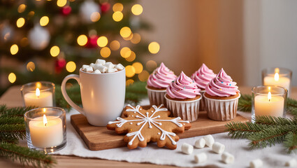 Christmas dessert table with cupcakes, hot chocolate with marshmallows and gingerbread cookie, cozy festive setup with candles and tree lights
