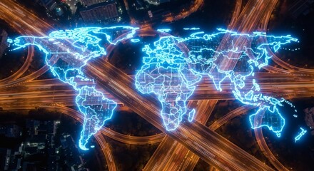 Obraz premium World Connectivity Network Above Glowing Roads At Night