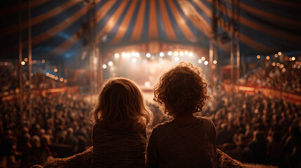 kids watching circus show from rear view inside festive carnival dome tent capturing excitement joy fun lively entertainment family outing and celebration event