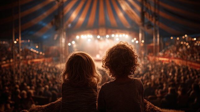 kids watching circus show from rear view inside festive carnival dome tent capturing excitement joy fun lively entertainment family outing and celebration event