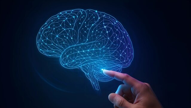 Human Hand Interacting with 3D Holographic AI Brain on Dark Background