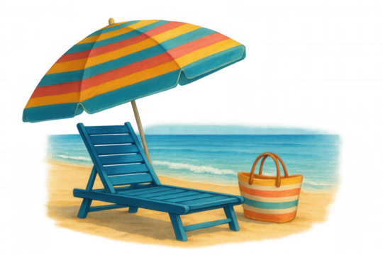 Sunny beach setting featuring vibrant umbrella, blue lounger, striped bag against translucent backdrop, highlighting leisurely summer atmosphere