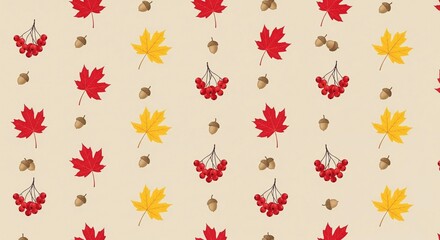 Obraz premium A repeating seamless pattern with red and yellow maple leaves, acorns, and red berries on a light tan background.