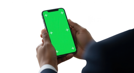 Hands holding smartphone with green screen isolated on transparent background