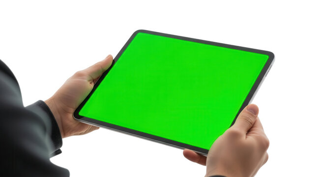 Person holding tablet with green screen isolated on transparent background