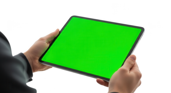 Person holding tablet with green screen isolated on transparent background