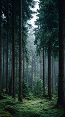 Obraz premium A Magical Sunlit Forest Path Winding Through Lush Green Moss Covered Trees With Sunbeams Filtering Through The Canopy