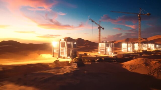Futuristic desert construction site at sunset, modular building project under development on arid