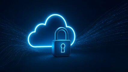Glowing Cloud with Digital Lock and Data Streams on Dark Blue Cybersecurity Background
