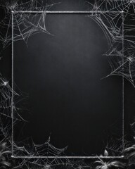 Intricate silver spiderwebs forming a spooky rectangular frame on a dark, textured background.
