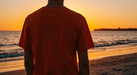 Person Silhouette Orange Shirt Gazing at Sunset Ocean Horizon